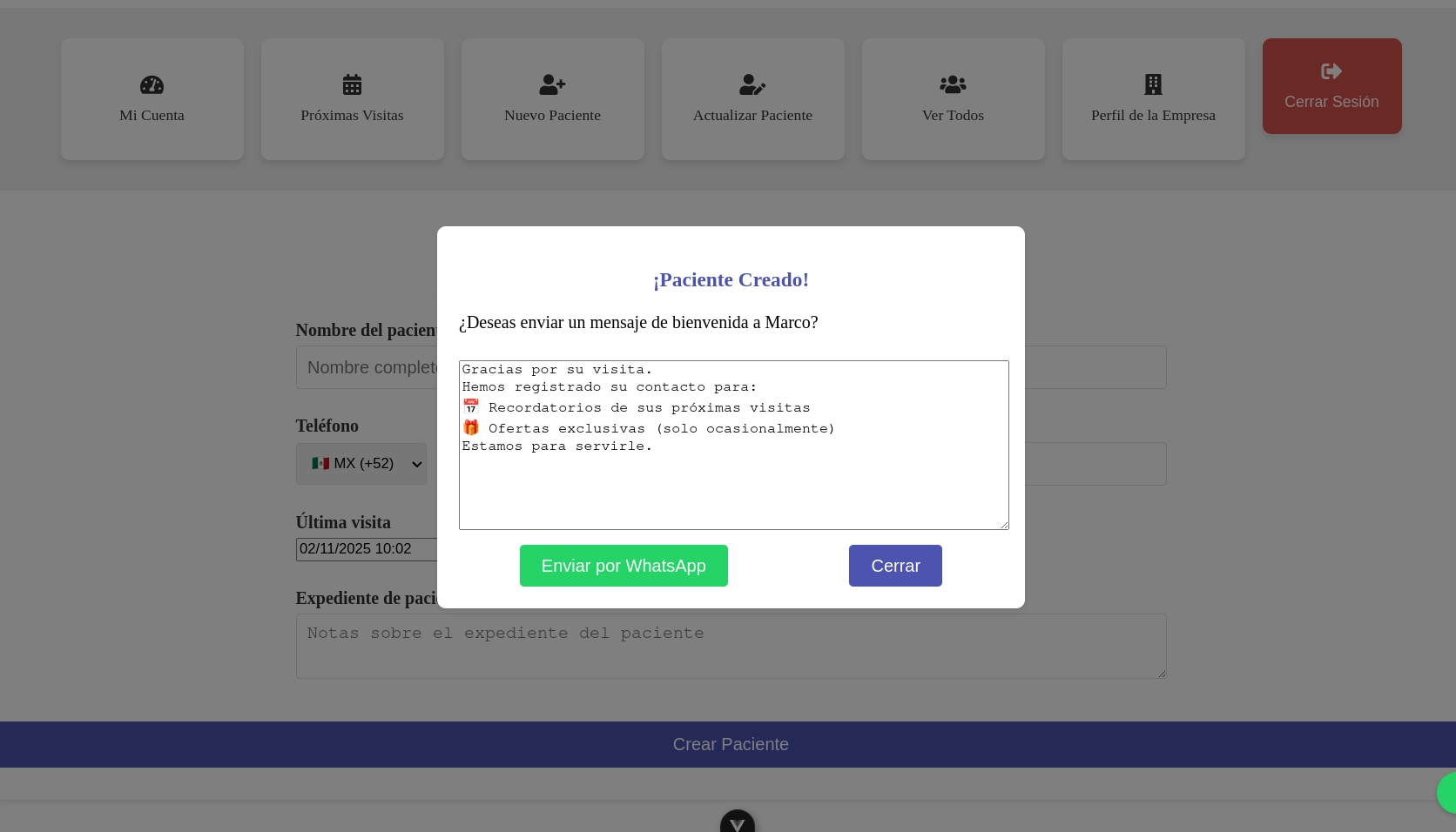 Software para ópticas enviando recordatorio de cita por WhatsApp a un paciente.